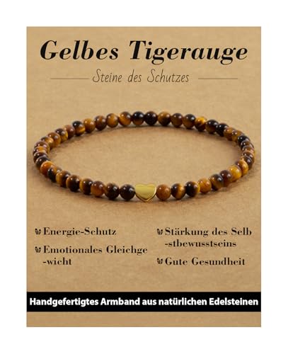Landorilo Armband Damen, 4mm Echten Naturstein mit 925 Vergoldeten Liebesperlen, Heilsteine Yoga Perlenarmband, Weihnachten, Geburtstag, Jahrestag Geschenk für Frauen(Gelbes Tigerauge) von Landorilo