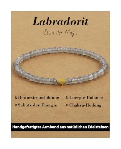 Landorilo Armband Damen, 4mm Echten Naturstein mit 925 Vergoldeten Liebesperlen, Heilsteine Yoga Perlenarmband, Weihnachten, Geburtstag, Jahrestag Geschenk für Frauen(Labradorit) von Landorilo