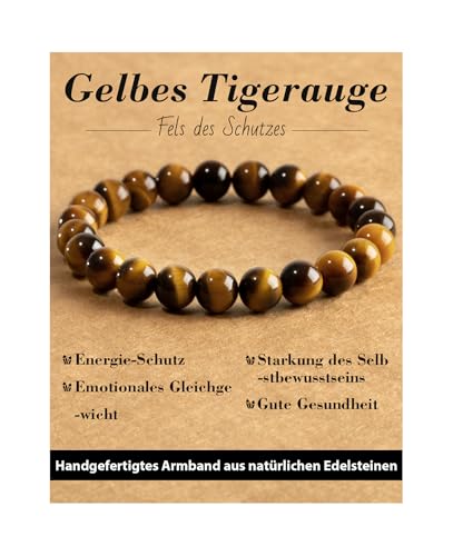 Landorilo Echte Naturstein Perlen Armband, Damen Herren Gelbes Tigerauge Perlenarmband, 8MM Runde Edelsteine Yoga Chakren Armbänder, Geburtstag Valentinstag Geschenke von Landorilo