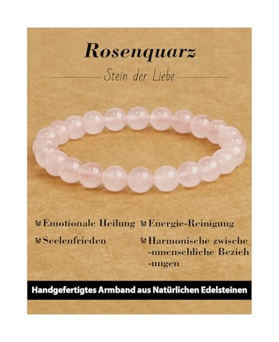 Landorilo Echte Naturstein Perlen Armband, Damen Herren Rosenquarz Perlenarmband, 8MM Runde Edelsteine Yoga Chakren Armbänder, Geburtstag Valentinstag Geschenke von Landorilo