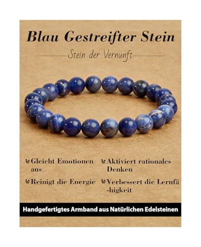 Landorilo Handmade Echte Naturstein Perlen Heilsteine Armband Damen Herren, 8MM Runde Edelsteine Yoga Armbänder, Glücksarmband, Kreative Schmuck Geschenke(Blau Gestreifter Stein) von Landorilo