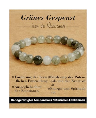 Landorilo Handmade Echte Naturstein Perlen Heilsteine Armband Damen Herren, 8MM Runde Edelsteine Yoga Armbänder, Glücksarmband, Kreative Schmuck Geschenke(Grünes Gespenst) von Landorilo