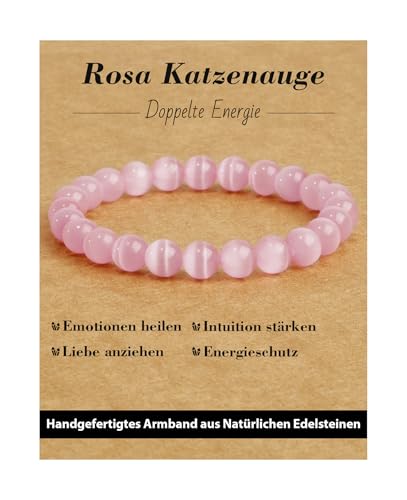 Landorilo Handmade Echte Naturstein Perlen Heilsteine Armband Damen Herren, 8MM Runde Edelsteine Yoga Armbänder, Glücksarmband, Kreative Schmuck Geschenke(Rosa Katzenauge) von Landorilo