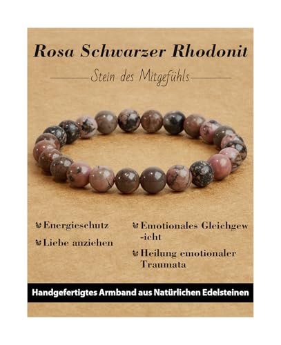 Landorilo Handmade Echte Naturstein Perlen Heilsteine Armband Damen Herren, 8MM Runde Edelsteine Yoga Armbänder, Glücksarmband, Kreative Schmuck Geschenke(Rosa Schwarzer Rhodonit) von Landorilo