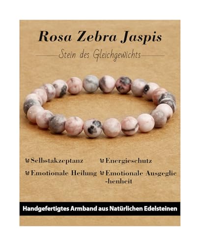 Landorilo Handmade Echte Naturstein Perlen Heilsteine Armband Damen Herren, 8MM Runde Edelsteine Yoga Armbänder, Glücksarmband, Kreative Schmuck Geschenke(Rosa Zebra Jaspis) von Landorilo