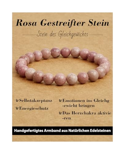 Landorilo Handmade Echte Naturstein Perlen Heilsteine Armband Damen Herren, 8MM Runde Edelsteine Yoga Armbänder, Glücksarmband, Kreative Schmuck Geschenke(Rosa Gestreifter Stein) von Landorilo
