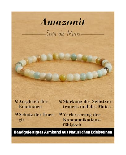 Landorilo Naturstein Perlen Heilstein Armband aus 4mm Runde Steinperlen, Yoga Armbänder für Damen Herren, Glücksarmband, Exquisite Geschenke, Ersatzperlen Inklusive(R Amazonit) von Landorilo