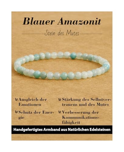 Landorilo Naturstein Perlen Heilstein Armband aus 4mm Runde Steinperlen, Yoga Armbänder für Damen Herren, Glücksarmband, Exquisite Geschenke, Ersatzperlen Inklusive(R Blauer Amazonit) von Landorilo