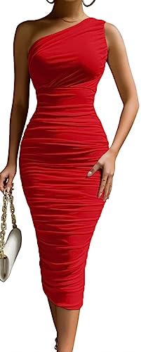 Landotter Damen Sexy Bodycon Kleid Sommer One Shoulder Ärmellos Party Club Cocktail Bleistift Geraffte Midi Kleider, Rot/Ausflug, einfarbig (Getaway Solids), Klein von Landotter