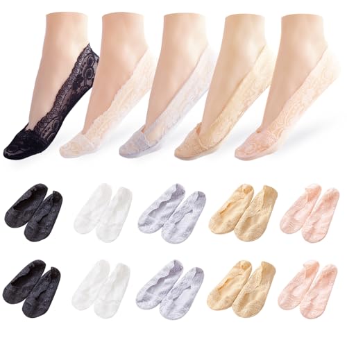 Landrain 10 Paar Füßlinge Damen, Füsslinge Unsichtbare Damen 34-38, Spitzen Söckchen von Landrain