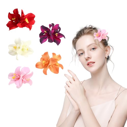 Landrain 5 Stück Hawaii Bunte Blumen Haarspange Damen Mädchen, Doppelte Orchideen Haarschmuck Blumen, Haarspangen Blume für Frauen Party Haarstyling Haarnadeln Hochzeit von Landrain