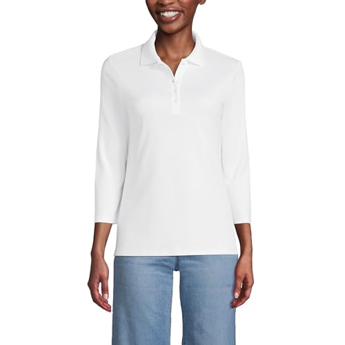 Lands' End Damen-Poloshirt mit 3/4-Ärmeln, Baumwoll-Interlock-Poloshirt, Weiss/opulenter Garten, Groß von Lands' End