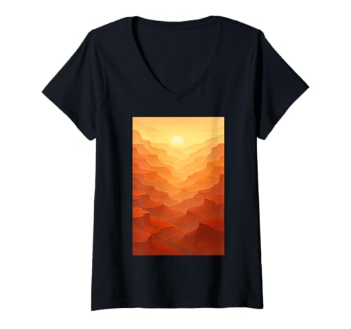 Damen Canyon Sunset Kunstwerk T-Shirt mit V-Ausschnitt Damen Canyon Sunset Kunstwerk T-Shirt mit V-Ausschnitt von Landscape Art