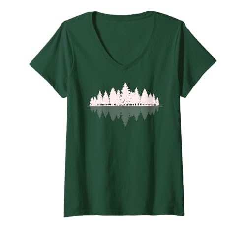 Damen Bäume See Spiegelung Natur Landschaft T-Shirt mit V-Ausschnitt Damen Bäume See Spiegelung Natur Landschaft T-Shirt mit V-Ausschnitt von Landschaft Natur Bäume
