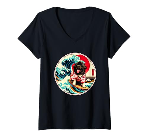 Damen Great Wave Kanagawa Landseer Neufundländer Hund Surfen T-Shirt mit V-Ausschnitt Damen Great Wave Kanagawa Landseer Neufundländer Hund Surfen T-Shirt mit V-Ausschnitt von Landseer Newfoundland Surfing Wave Off Kanagawa