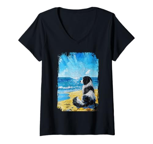Damen Landseer Hund T-Shirt mit V-Ausschnitt von Landseer Paintings