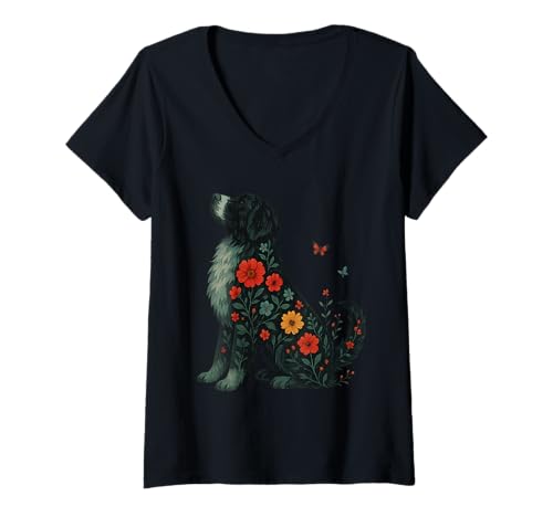 Damen Landseer Hund T-Shirt mit V-Ausschnitt von Landseer Paintings