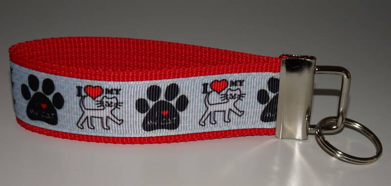 Ich Liebe Meine Katze I Love My Cat Schlüsselband Anhänger Katzenfreund Webband Auf Rotem Gurtband von Landwerke