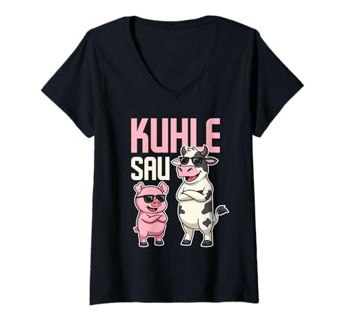 Damen Kuh Schwein Sonnenbrille Bauer Kuhle Sau T-Shirt mit V-Ausschnitt Damen Kuh Schwein Sonnenbrille Bauer Kuhle Sau T-Shirt mit V-Ausschnitt von Landwirt Bauernhof Sau Rind Motiv