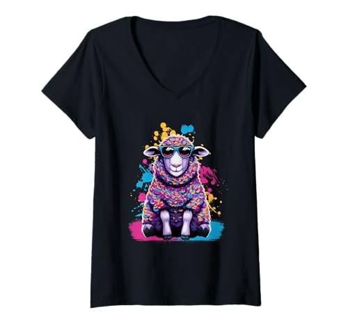 Damen Bauer Sonnenbrille Farbenfrohes Schaf T-Shirt mit V-Ausschnitt von Landwirt Schafsbauer Bauernhof Schaf Motiv