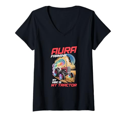 Damen Aura Farming Meine Stimmung ist Mein Traktor Farming T-Shirt mit V-Ausschnitt Damen Aura Farming Meine Stimmung ist Mein Traktor Farming T-Shirt mit V-Ausschnitt von Landwirt Traktor-Enthusiast Feld Aura Grafik