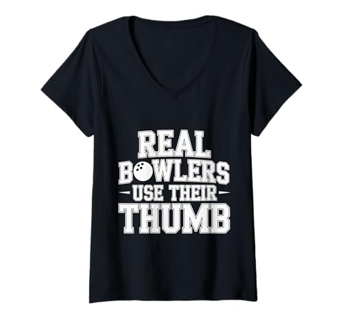 Damen Real Bowlers Use Their Thumb Bowlingtechnik - T-Shirt mit V-Ausschnitt Damen Real Bowlers Use Their Thumb Bowlingtechnik - T-Shirt mit V-Ausschnitt von Lane Bowler und Daumen packten