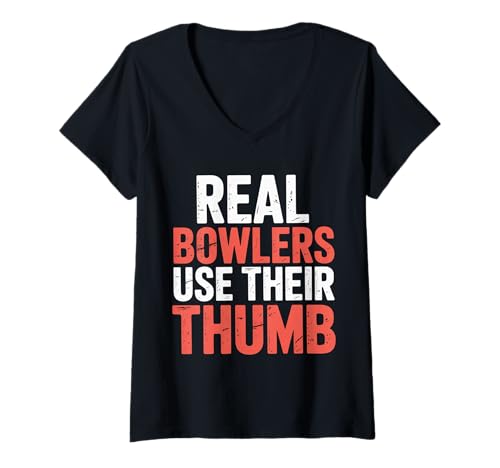 Damen Real Bowlers Use Their Thumb Bowlingtechnik - T-Shirt mit V-Ausschnitt Damen Real Bowlers Use Their Thumb Bowlingtechnik - T-Shirt mit V-Ausschnitt von Lane Bowler und Daumen packten