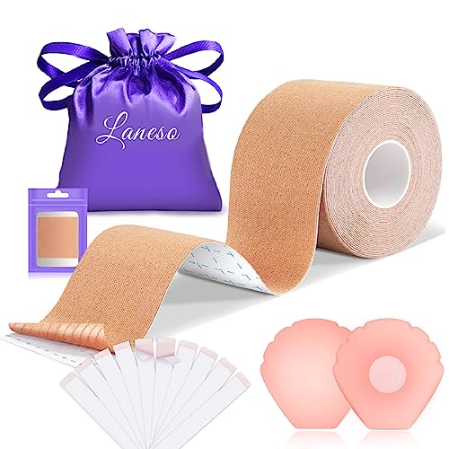 Laneso Klebe BH Push Up Brust Tape, Boobietape BH Rückenfrei Trägerloser BH, 10 Fashion Body Tape 2 Silikon Brüste Nippelpads Trägerlos für Körbchengrößen A-G Light Beige von Laneso