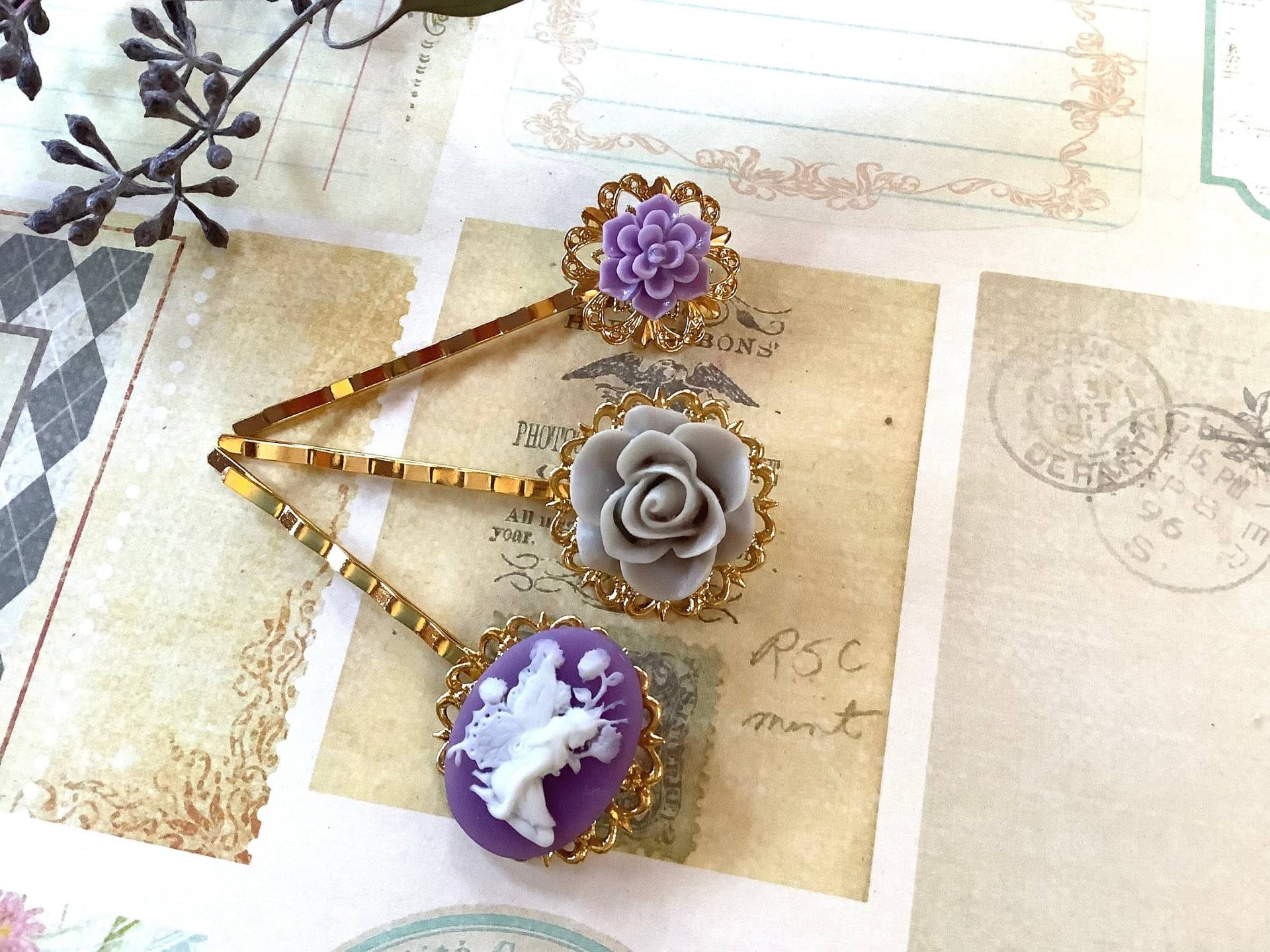 Haar-Accessoire-Florale Clips-Haar-Accessoire-Lila-Grau-Fee-Goldton-Haarspangen von LaneyLou123