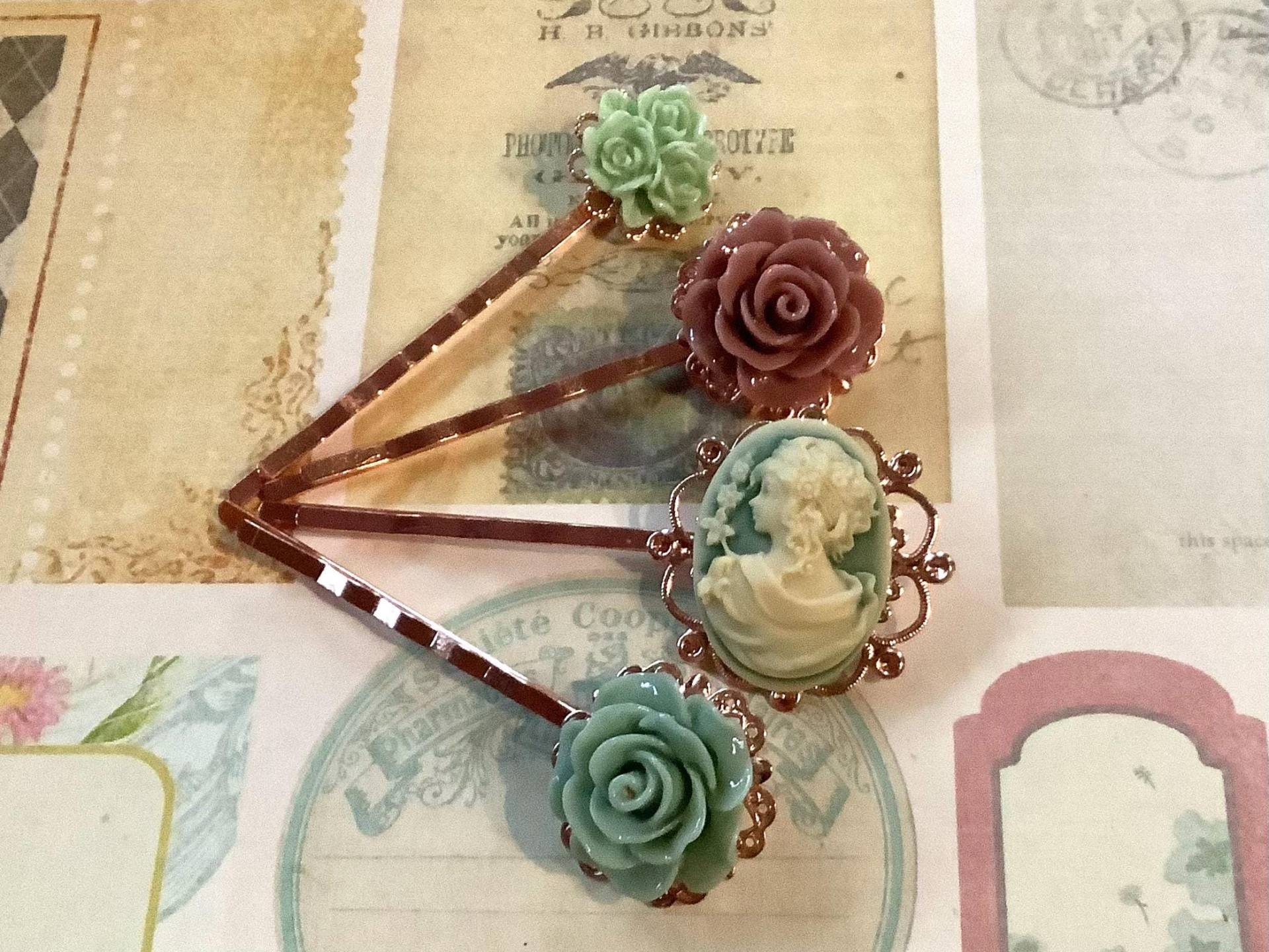 Haarspangen-Cameo-Salbei-Floral-Rosegold-Bobby Pins von LaneyLou123