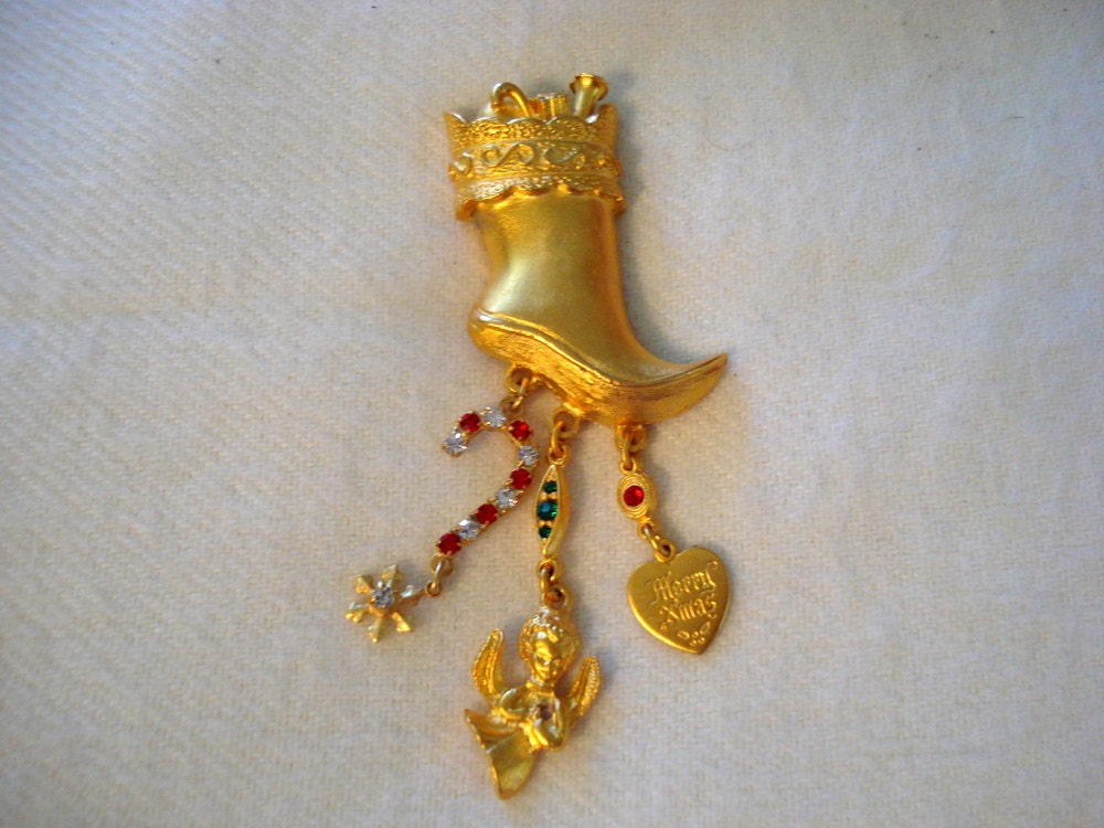 Christmas Boot Vintage 3"Anstecknadel Swarovski Kristalle Engel Schneeflocke Zuckerstange Charms #556 von LangleysCreations