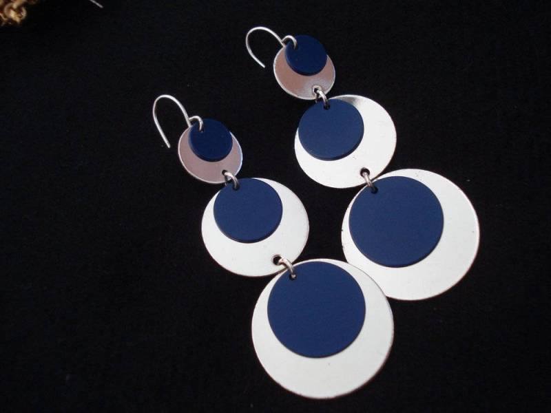 Dunkelblau/Schwarz Silber Mirror Shine Vintage Ohrhänger Ohrringe A+ Zustand Bequem #370 von LangleysCreations