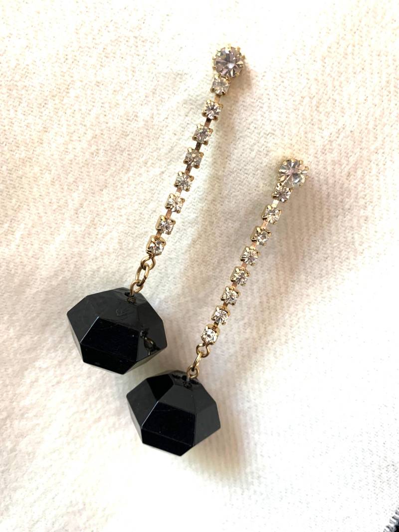 Elegant Strass Kristall Gold-Ton Ohrringe Nie Getragen Vintage Edel Schwarze Perle Lange #263 von LangleysCreations