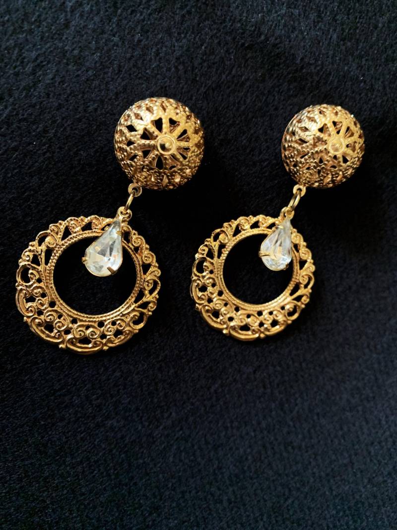 Nie Getragen Filigrane Gold & Strass Tropfen Kristall Vintage Ohrringe Klassisch Viktorianisch #112 von LangleysCreations