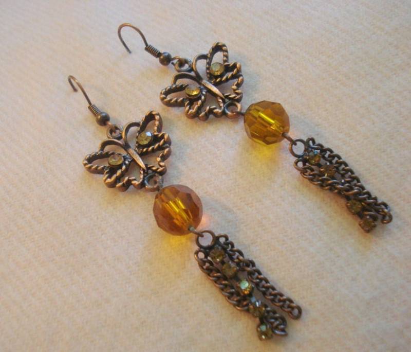 Schmetterling Quaste Topas Kristalle Bead Warm Kupfer Bronze Metall Ohrringe Never Worn #325 von LangleysCreations