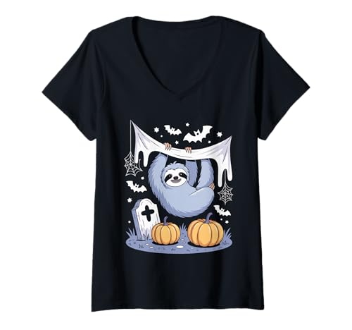 Damen Halloween Faultier Kürbis Friedhof T-Shirt mit V-Ausschnitt Damen Halloween Faultier Kürbis Friedhof T-Shirt mit V-Ausschnitt von Langsame Faulheit Kürbis Grusel Spaß