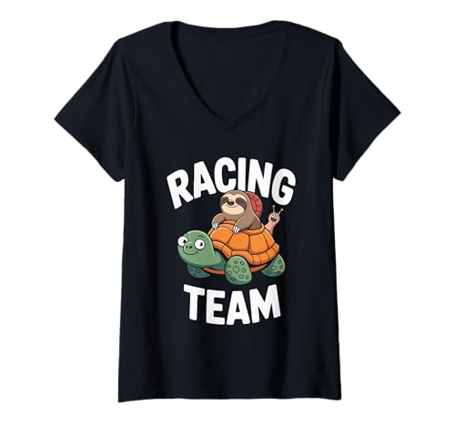 Damen Racing Team Tierfreunde Lustige Tiere Schildkröte Faultier T-Shirt mit V-Ausschnitt Damen Racing Team Tierfreunde Lustige Tiere Schildkröte Faultier T-Shirt mit V-Ausschnitt von Langsame Rennmannschaft Tierfreunde Schnecke