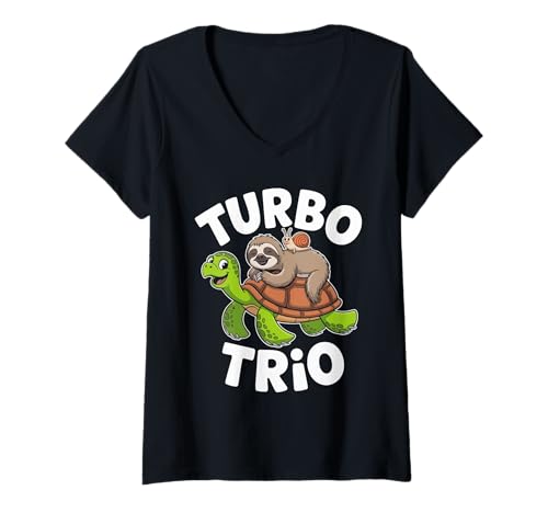 Damen Turbo Trio Langsame Tiere Freundschaft Schildkröte Faultier T-Shirt mit V-Ausschnitt Damen Turbo Trio Langsame Tiere Freundschaft Schildkröte Faultier T-Shirt mit V-Ausschnitt von Langsame Tiere Niedliche Freunde Tiertrio Schnecke