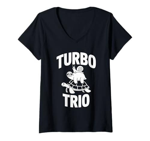 Damen Turbo Trio Langsame Tiere Freundschaft Schildkröte Faultier T-Shirt mit V-Ausschnitt Damen Turbo Trio Langsame Tiere Freundschaft Schildkröte Faultier T-Shirt mit V-Ausschnitt von Langsame Tiere Niedliche Freunde Tiertrio Schnecke