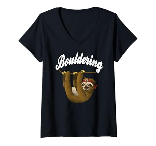Damen Lustiger Faultier Bouldern Kletterer Witz für Kletterfans T-Shirt mit V-Ausschnitt von Langsamer Boulder Club Tierhumor Freunde