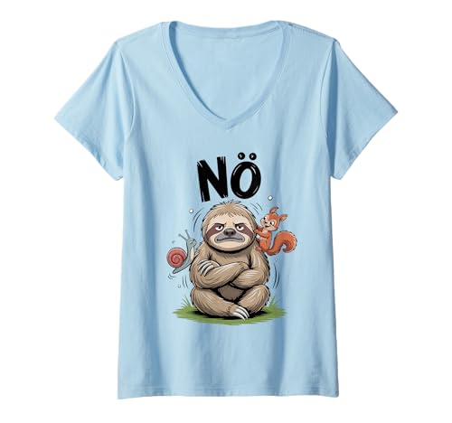 Damen Faules Faultier mit Spruch Nö lustig Tier Comic T-Shirt mit V-Ausschnitt Damen Faules Faultier mit Spruch Nö lustig Tier Comic T-Shirt mit V-Ausschnitt von Langsames Faultier mit Schnecke und Eichhörnchen