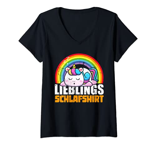 Damen Regenbogen Nachthemd Magisches Einhorn Pajama Schlafshirt T-Shirt mit V-Ausschnitt von Langschläfer Schlafshirt Pajama Schlafen