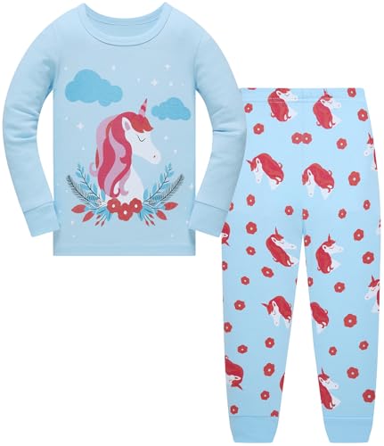 Kinder Mädchen Schlafanzüge Einhorn Langarm 100% Baumwolle Nachtwäsche Winter Weihnachten Pyjama Set Größe 104, 3-4 Jahre von Langubaby