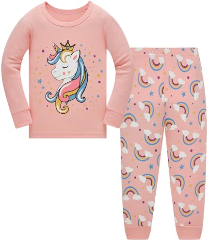 Kinder Mädchen Schlafanzüge Einhorn Langarm 100% Baumwolle Nachtwäsche Winter Weihnachten Pyjama Set Größe 92, 1-2 Jahre von Langubaby