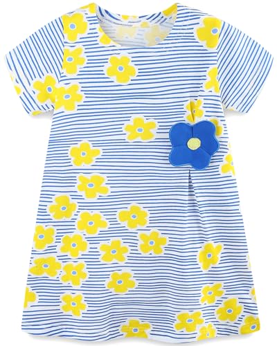 Mädchen Kleider Baumwolle Blumen Knöpfe Streifen Kurzarm T-Shirt Casual Frühling Sommer Kleid für Kinder Größe 128, 7-8 Jahre von Langubaby