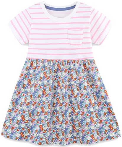 Mädchen Kleider Baumwolle Blumen Knöpfe Streifen Kurzarm T-Shirt Casual Frühling Sommer Kleid für Kinder Größe 92-122, 1-7 Jahre (104 3-4 Jahre) von Langubaby