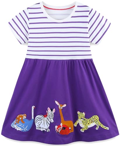 Mädchen Kleider Baumwolle Blumen Knöpfe Streifen Kurzarm T-Shirt Casual Frühling Sommer Kleid für Kinder Größe 92-122, 1-7 Jahre (104 3-4 Jahre) von Langubaby