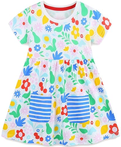 Mädchen Kleider Baumwolle Blumen Knöpfe Streifen Kurzarm T-Shirt Casual Frühling Sommer Kleid für Kinder Größe 92-122, 1-7 Jahre (110 4-5 Jahre) von Langubaby