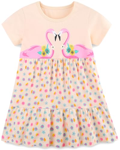 Mädchen Kleider Baumwolle Blumen Knöpfe Streifen Kurzarm T-Shirt Casual Frühling Sommer Kleid für Kinder Größe 92-122, 1-7 Jahre (110 4-5 Jahre, Flamingos) von Langubaby