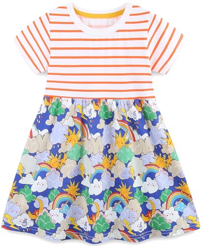 Mädchen Kleider Baumwolle Blumen Knöpfe Streifen Kurzarm T-Shirt Casual Frühling Sommer Kleid für Kinder Größe 92-122, 1-7 Jahre (110 4-5 Jahre, Streifen) von Langubaby